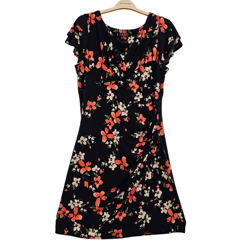 Lauren Ralph Lauren Floral Ruched Sheath Black Orange V-Neck Short Sleeve Large